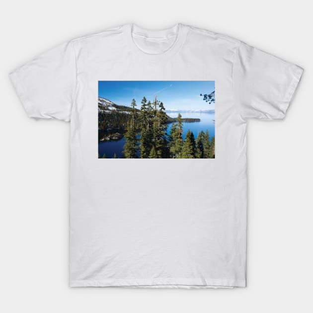 Trees At Lakeshore With Mountain Range In The Background Lake Tahoe T-Shirt by HammiltenJohn